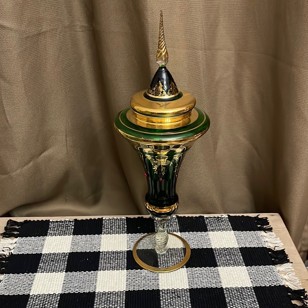 COPY - Bohemian Green Glass Lidded Compote